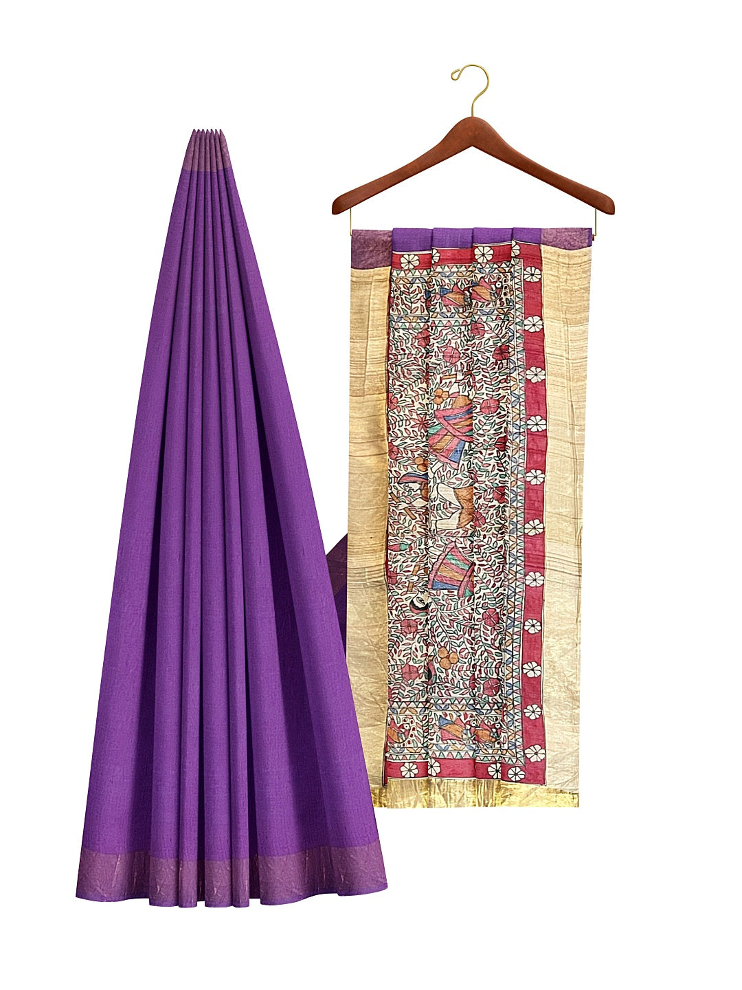 Hand-painted Madhubani Tussar Staple Silk Saree on Purple